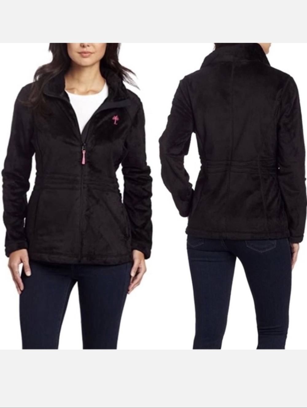 Lilly Pulitzer Black Maddie Fleece Full Zip Pink Palm Tree Logo Women's Size XS